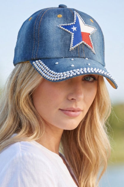 Texas Star Rhinestone Patch Baseball Cap With Crystal Brim