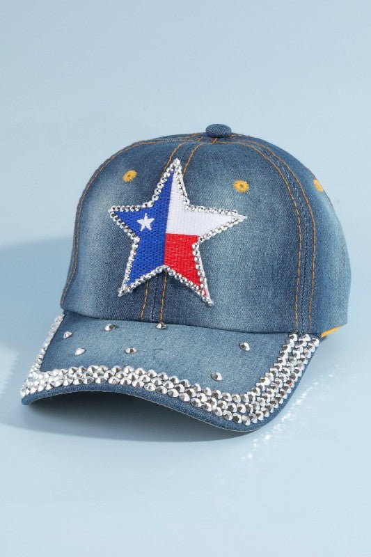 Texas Star Rhinestone Patch Baseball Cap With Crystal Brim