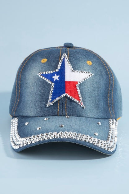 Texas Star Rhinestone Patch Baseball Cap With Crystal Brim