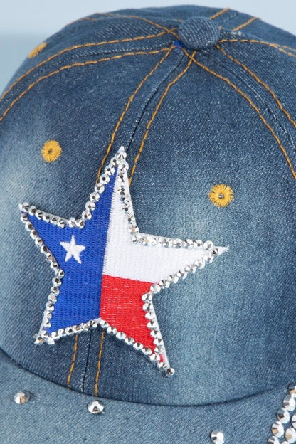 Texas Star Rhinestone Patch Baseball Cap With Crystal Brim