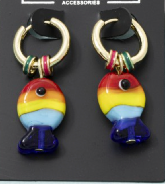 Rainbow Glass Fish Charm Huggie Hoop Earrings
