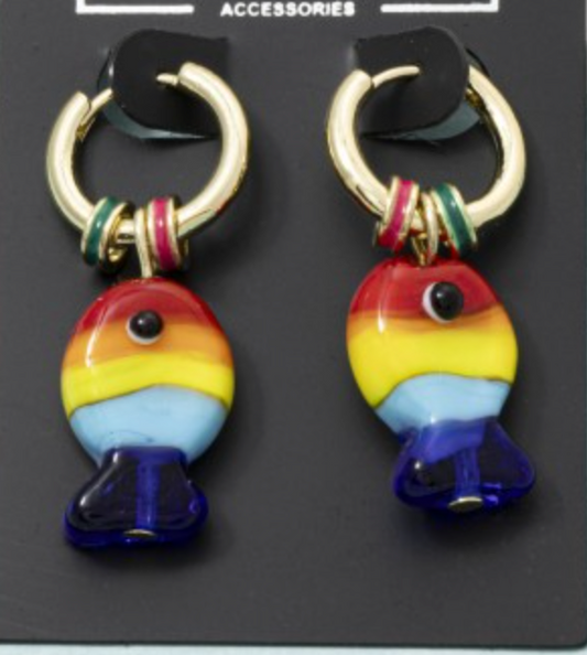 Rainbow Glass Fish Charm Huggie Hoop Earrings